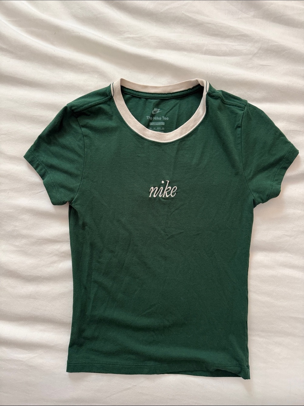 Nike Women's Dark Green Short-Sleeve Crew Tee with Cream Neckline